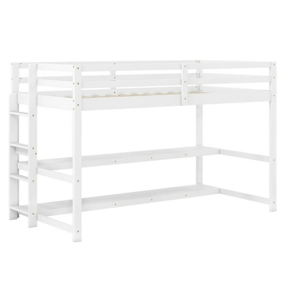 Barara King Twin Size Loft Bedroom Bed Bunk Frame with Storage Shelves Full-length Guardrails and Ladder, Bed Platform Frame for Bedroom, Apartment, Guest Room, White