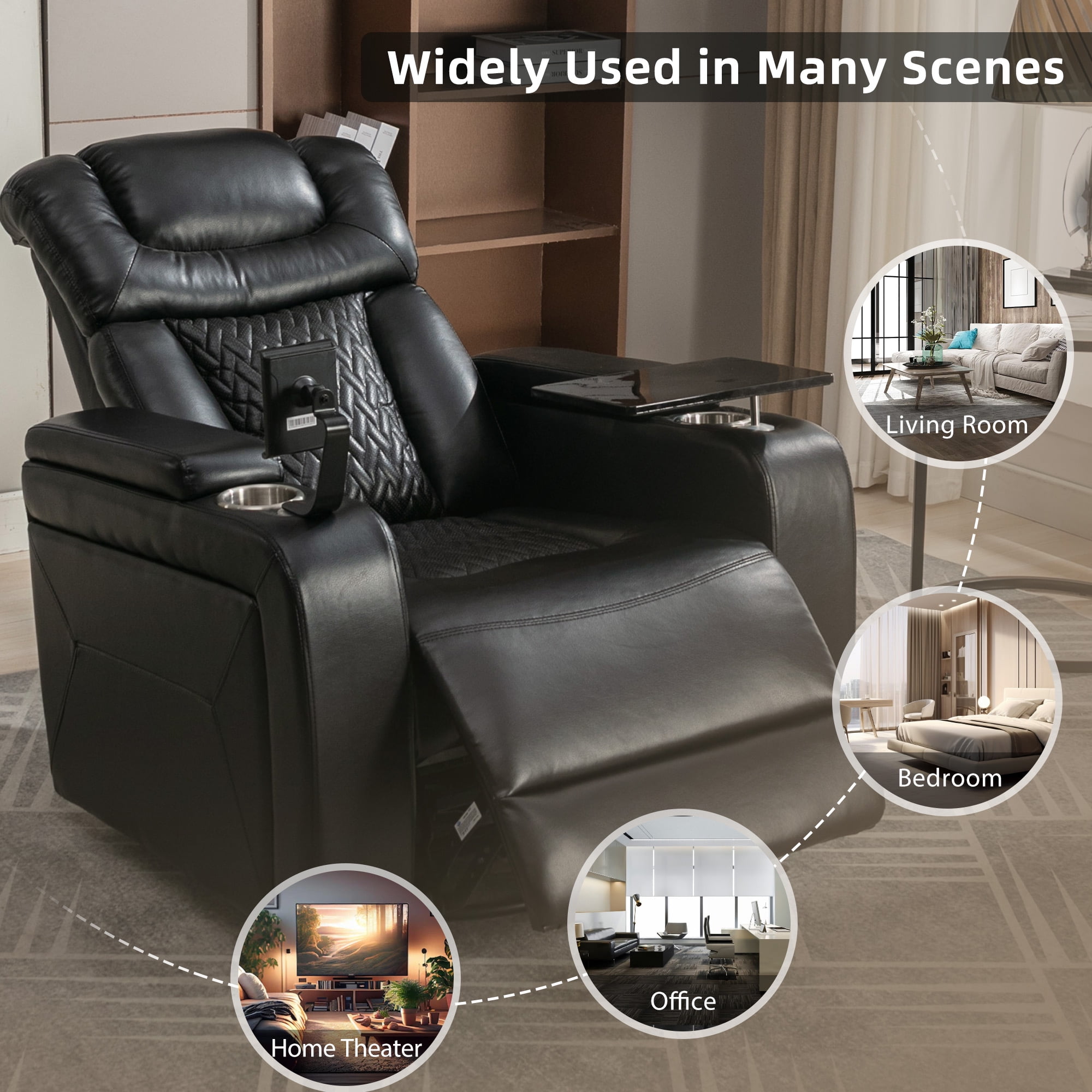 Euroco 270 Degree Swivel PU Leather Power Recliner Individual Seat Home Theater Recliner with Tray Table, Phone Holder, Cup Holder, USB Port, Hidden Arm Storage for Living Room, Black