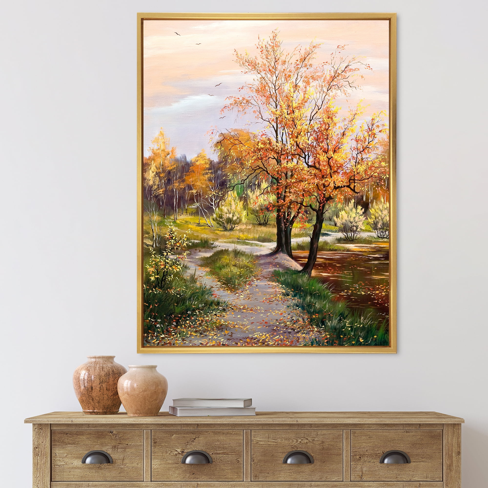 Designart 'The Orange Woods Along River' Country Framed Canvas Wall Art Print