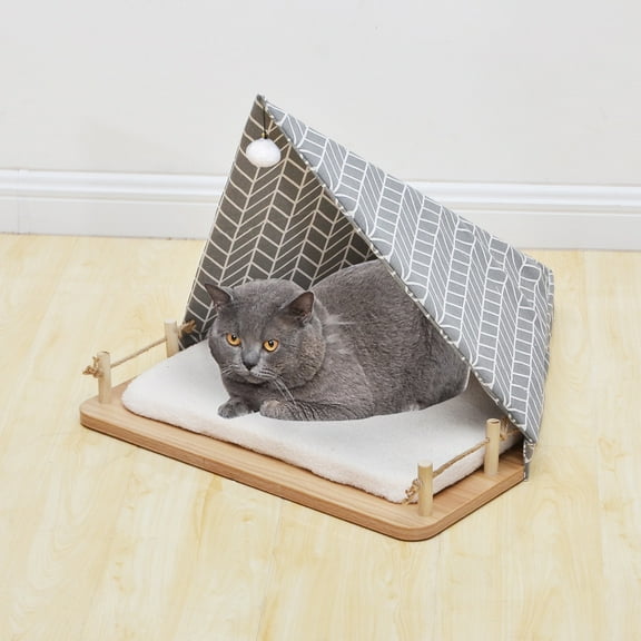 PetPals Gray Camping Ground Cat Bed, Size 20" x 23" x 17" with Free Cat Teaser