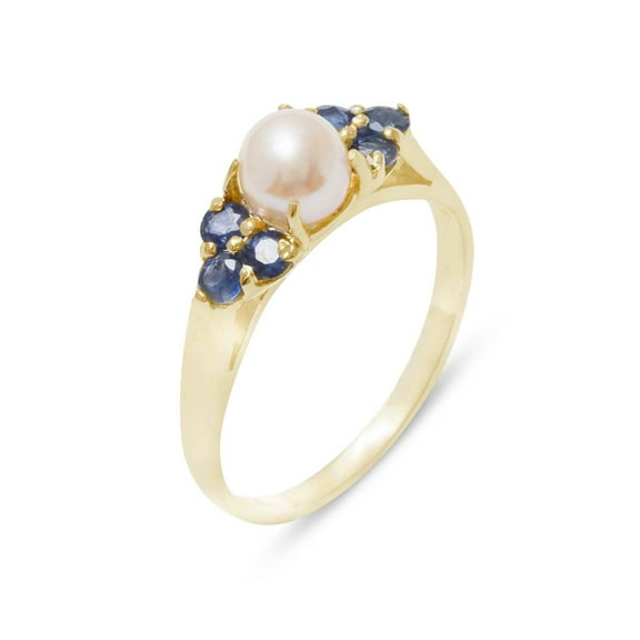 LBG British Made 10k Yellow Gold Cultured Pearl & Sapphire Womens Cluster Ring - 33 size options - Size 10