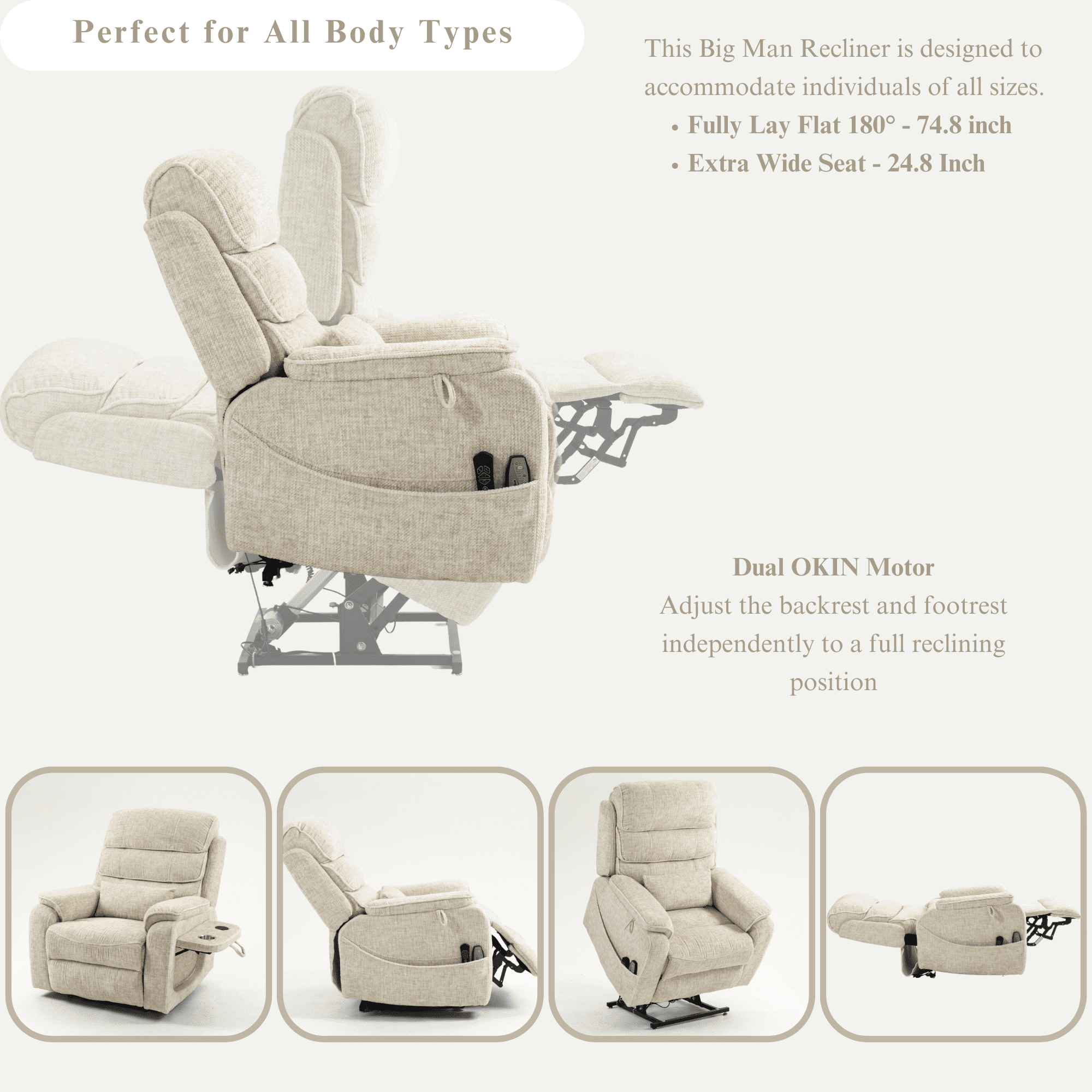 JUUXO Power Lift Lay Flat Recliner with Wireless Charger, Cup Holder - Dual Motor Lift Chair for Big Tall