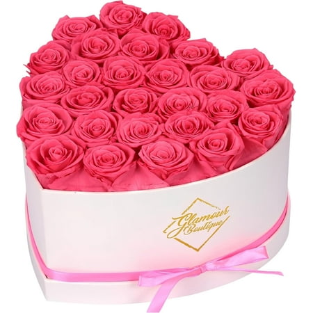 GLAMOUR BOUTIQUE Preserved Roses in a Box – Gifts for Her Wife & Mom Rose Flowers Forever Decor for Birthday Gift Get Well Flower Bouquet Cased in White Box with Cover – Pink – 27-Piece