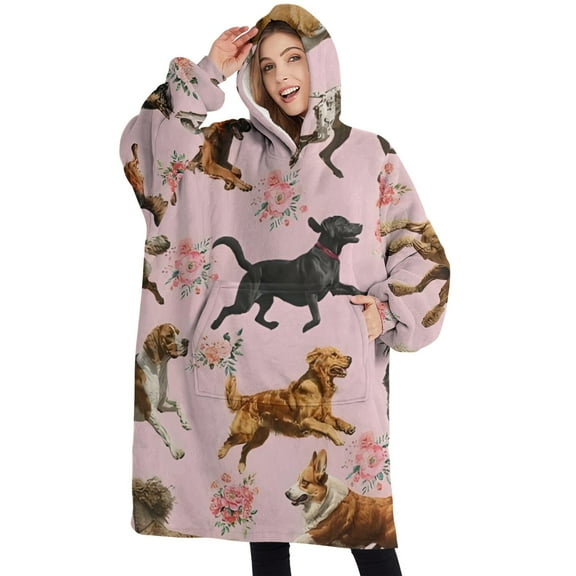 Oversized Wearable Blanket Hoodie,Dogs with Pioneer Flower Sherpa Blanket Hoodie with Super Pockets,Super Warm Fuzzy Pullover for Women & Men