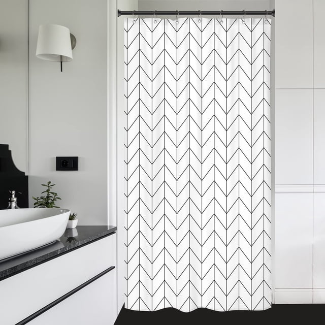 Riyidecor Cortina de ducha pequeña de 35.8 x 71.7 in, estrecha para RV Walkin, color negro y blanco, moderna cortina de baño con medio pie en zigzag Chevron Camper, accesorios de baño, tela impermeabl