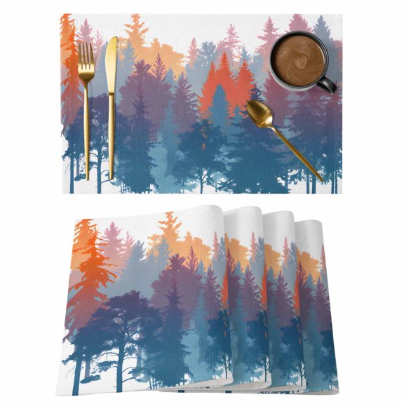 Abstract Forest Silhouette Placemats Set of 4 Bohemia Forest Trees Watercolor Place Mats Indoor Wipeable Table Mats Washable Dining Table Placemats for Kitchen Holiday Party Home Decor 13x19 Inch