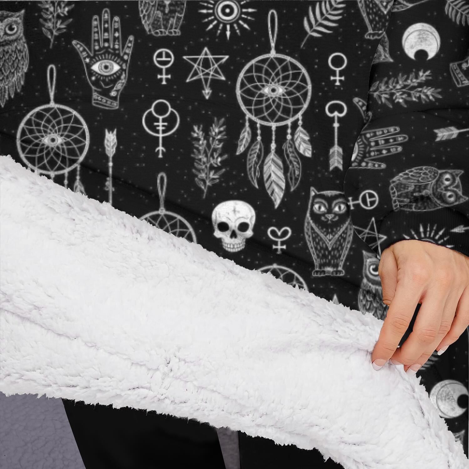 Oversized Wearable Blanket Hoodie,Black White Gothic Dreamcatcher Owl Skull Pattern Sherpa Blanket Hoodie with Super Pockets,Super Warm Fuzzy Pullover for Women & Men