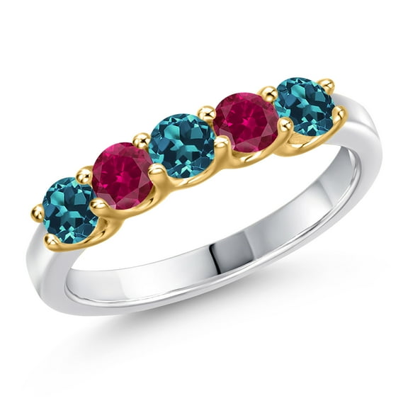 Gem Stone King 10K Two Tone Gold London Blue Topaz and Red Created Ruby Wedding-Bands Ring for Women | 1.16 Cttw | Round 3.5MM | Gemstone November Birthstone | Size 7