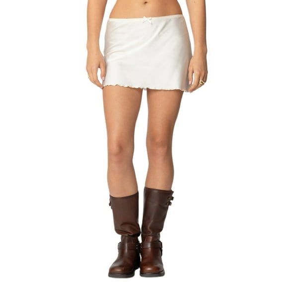 Rdhnmea Women's Satin Mini Skirts Low Waist Solid Color A-line Party Skirts