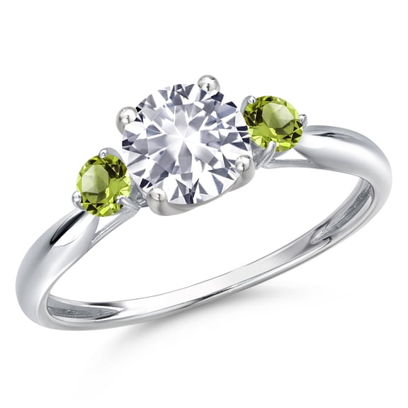 Gem Stone King 10K White Gold White Created Sapphire and Green Peridot 3-Stone Ring for Women | 1.24 Cttw | Round 6MM | Gemstone September Birthstone | Size 9