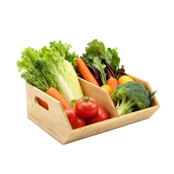 CISILOV Wood Storage Bin, Fruit and Vegetable Storage Basket, Open-Top Storage Bin Organizer with Removable Partition for Kitchen, Living Room