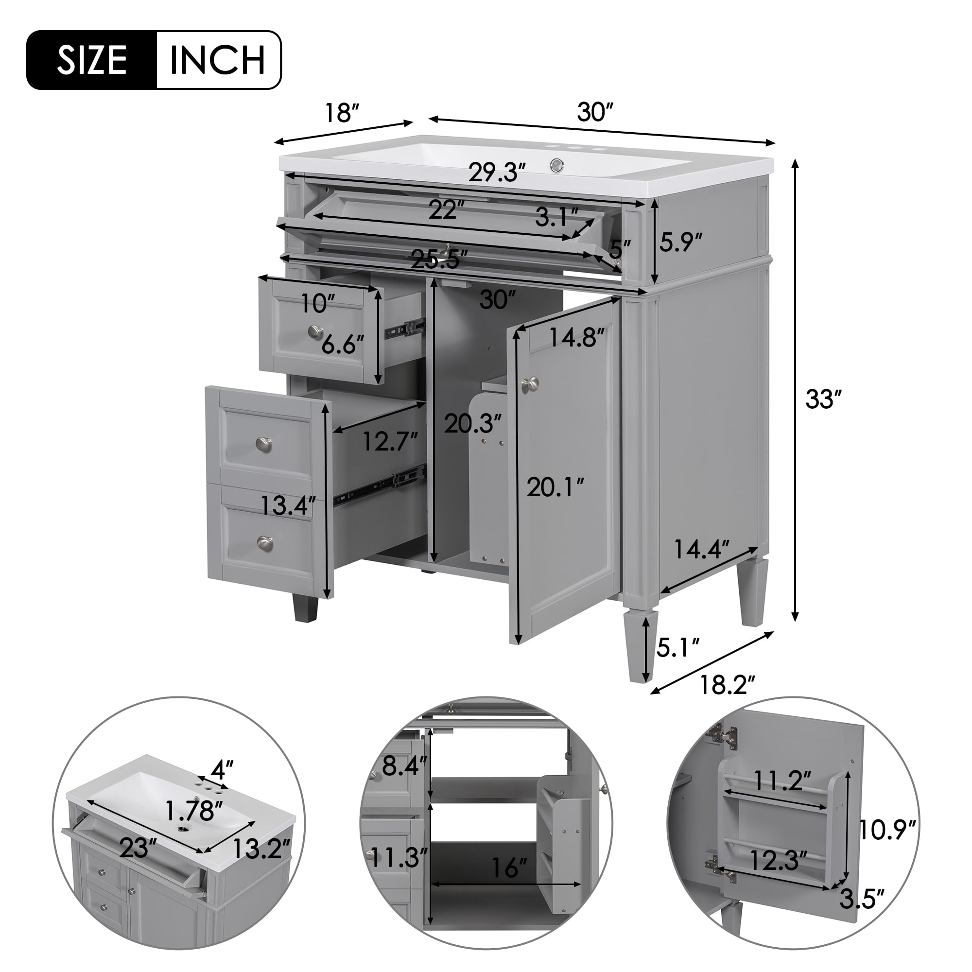 Harper & Bright Designs 30'' Bathroom Vanity with Sink and 2 Drawers and a Tip-out Drawer, Single Sink Bathroom Vanity Cabinet with Door and Adjustable Shelf, Gray