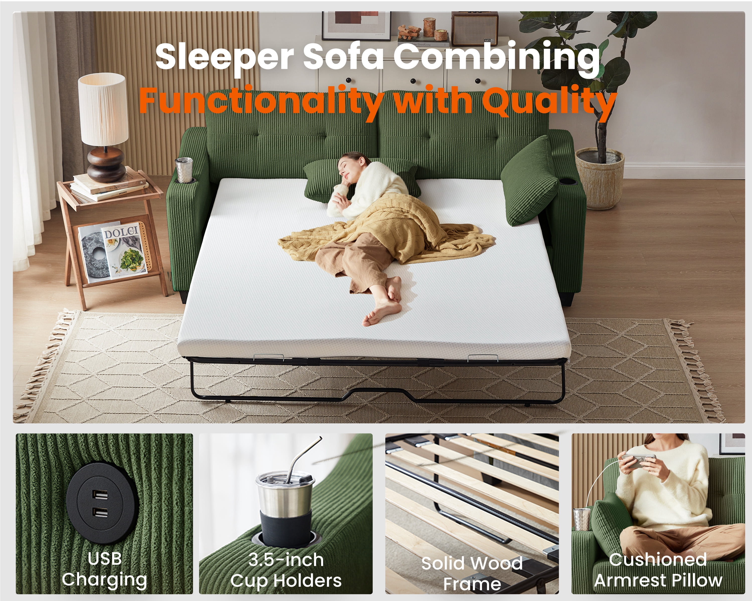CHIC HOUSE Pull Out Sofa Bed Couch Queen Size with Mattress USB, Convertible Sleeper Sofa Loveseat for Small Spaces RV, Corduroy Pull Out Couch Bed for Living Room with Cup Holders LED Lights, Green