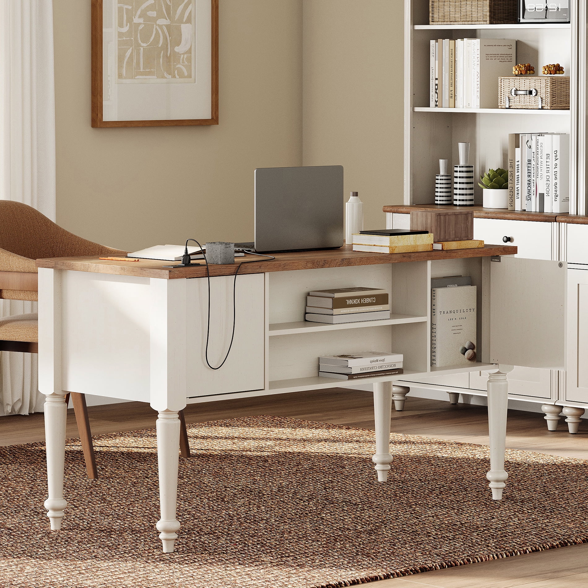Farmhouse Executive Desk with Drawers, Charging Function, File Drawer, for Home Office, Work, Study Room, Oak