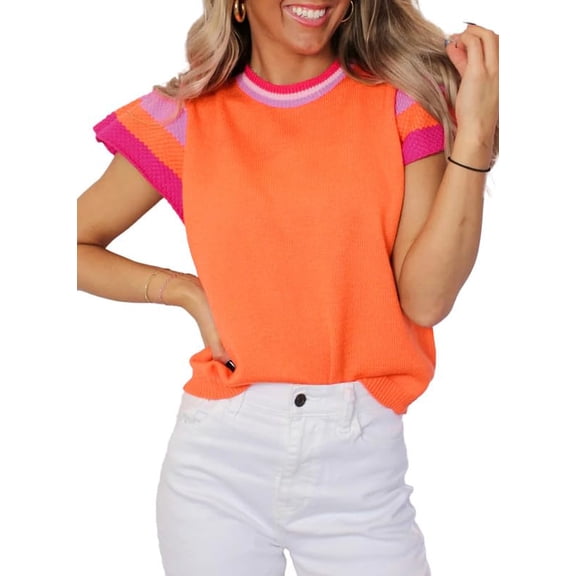 Women's summer hooded sleeve top casual round neck loose knit lightweight sweater pullover top