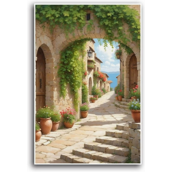 AVOI Italy Painting Oil Canvas Wall Art Pic15 Mediterranean Cityscape Artwork Italian Sea Picture Modern City Street Decoration Landscape Prints for Paris Cafe Room Decor Unframe: 12x18in