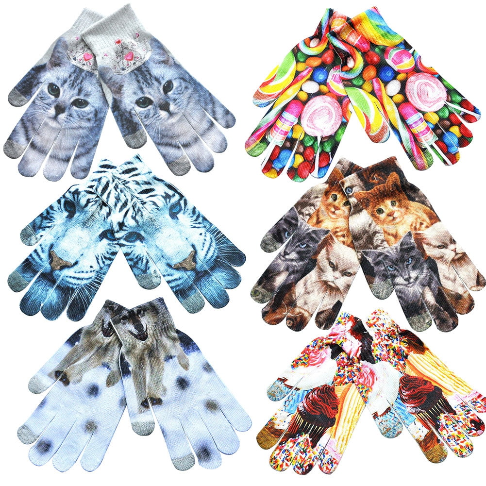 harmtty 1 Pair Winter Warm Color Printed Touch Screen Full Finger Knitted Unisex Gloves
