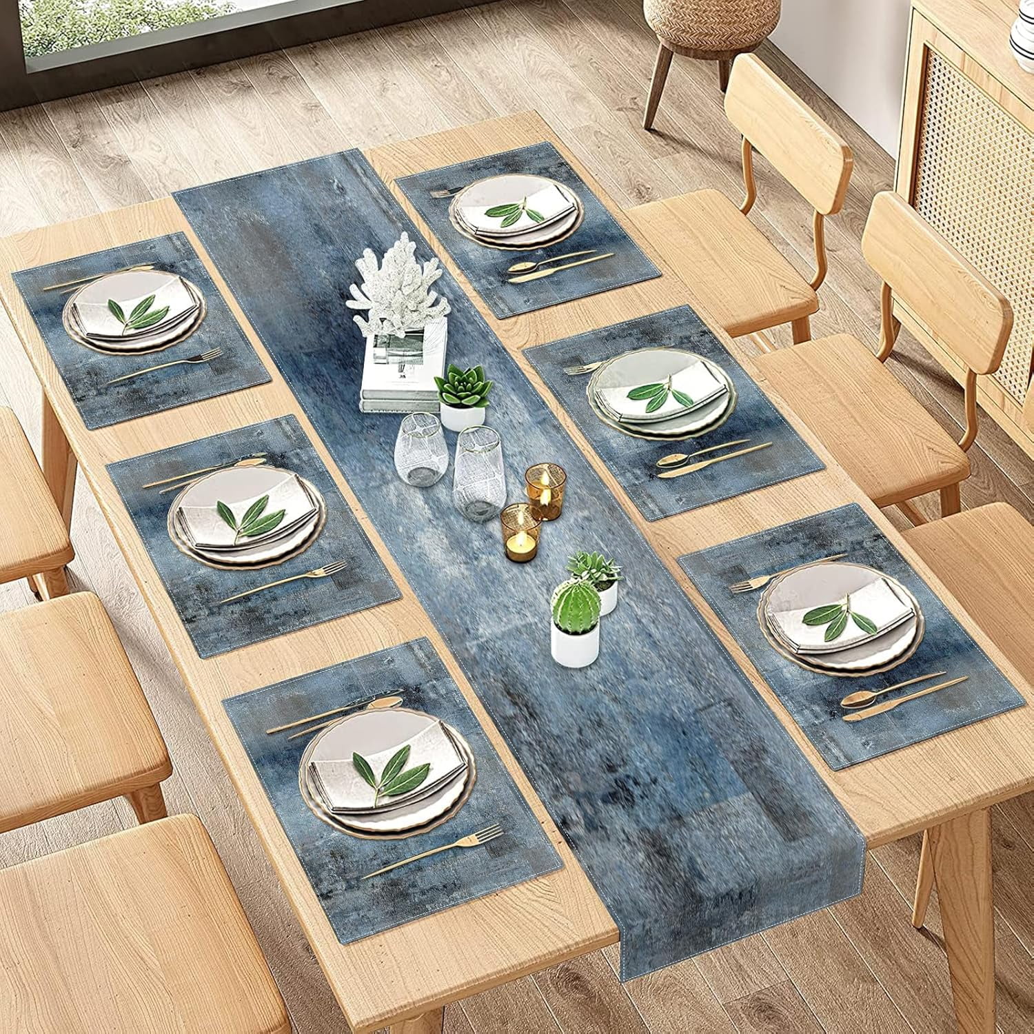 Vintage Blue Grey Table Runner and Placemats Set of 6, Modern Abstract Painting Art Dining Decor for Daily Use(1 Table Runner 72 inches Long and 6 Placemats)