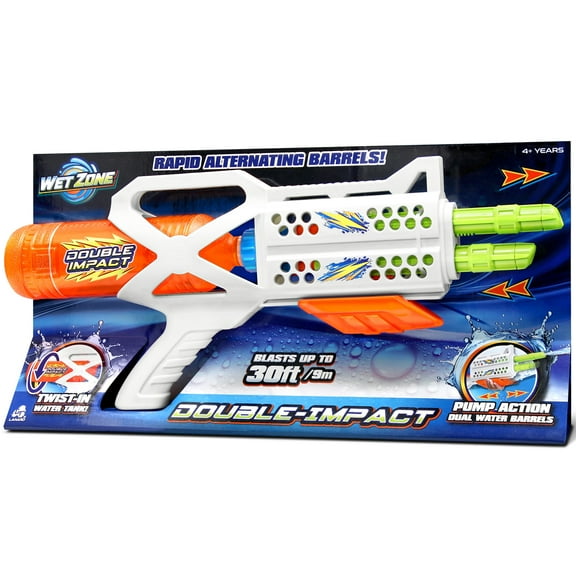 Lanard: Water Blaster - Double Impact - White & Orange, Pump Action Dual Water Barrels Toy, Sprays Water Up To 30ft, 25.4oz Tank, Outdoor Play, Kid 4 