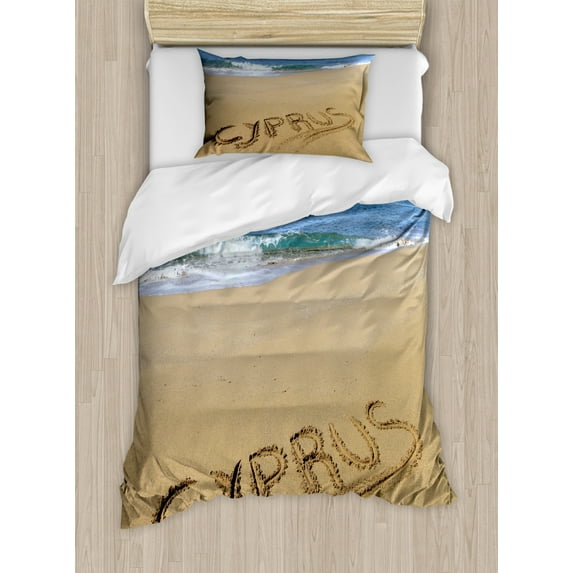 Cyprus Duvet Cover Set Twin Size, Tropical Pattern Image of Country Name Written on Sandy Beach with Wavy Sea, Decorative 2 Piece Bedding Set with 1 Pillow Sham, Multicolor, by Ambesonne
