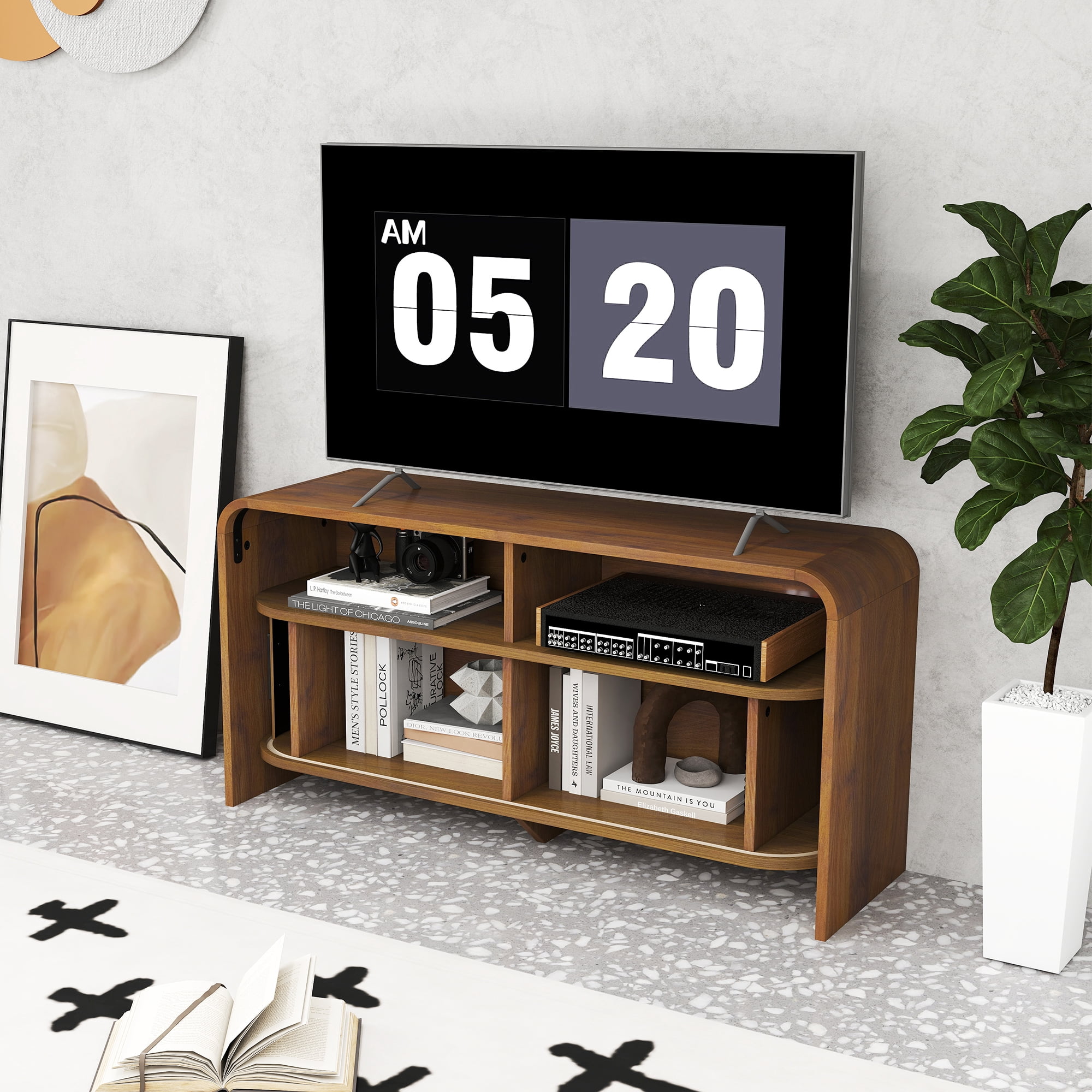 Mid Century Modern TV Stand for Bedroom, Small Fluted Entertainment Center for TVs up to 43 Inch, Media Console with Sliding Doors for Living Room, Walnut