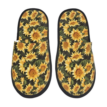 Balery Vintage Black Plaid Sunflower Slient Indoor Furry Fleece Comfort House Shoes Soft Non-Slip Home Shoes Cotton slippers House Slippers-- Medium