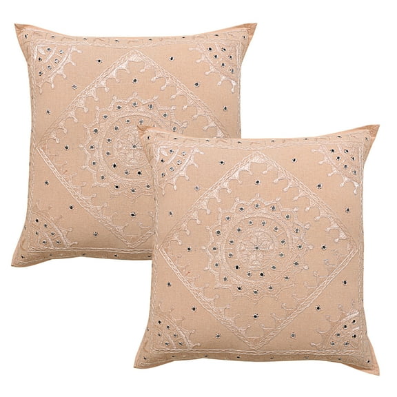 Stylo Culture Ethnic Decorative Throw Pillow Covers 24x24 Large Hand Embroidered Peach Boho 60x60 cm Home Decor Cotton Mirrored Square Cushion Covers | Set Of 2