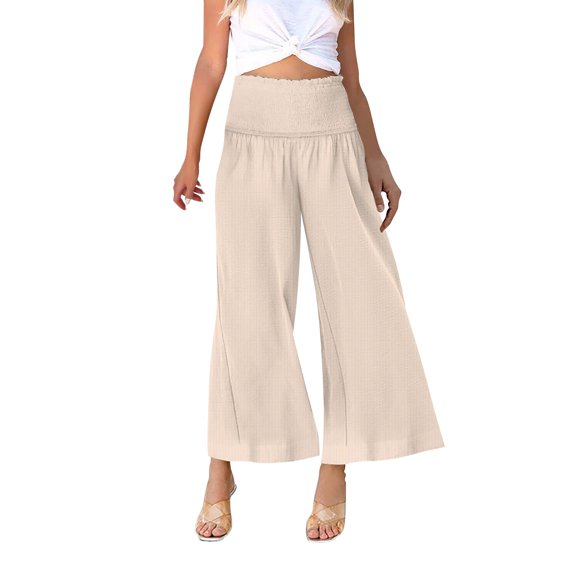 Outfmvch Wide Leg Pants Woman Flowy Lounge Trousers Wide Leg Linen Pants Vintage Baggy Beach Trousers Beach Pants for Women Trousers with Pockets 2026 Trendy Patchwork Elastic Waist Pants Beige S-2XL