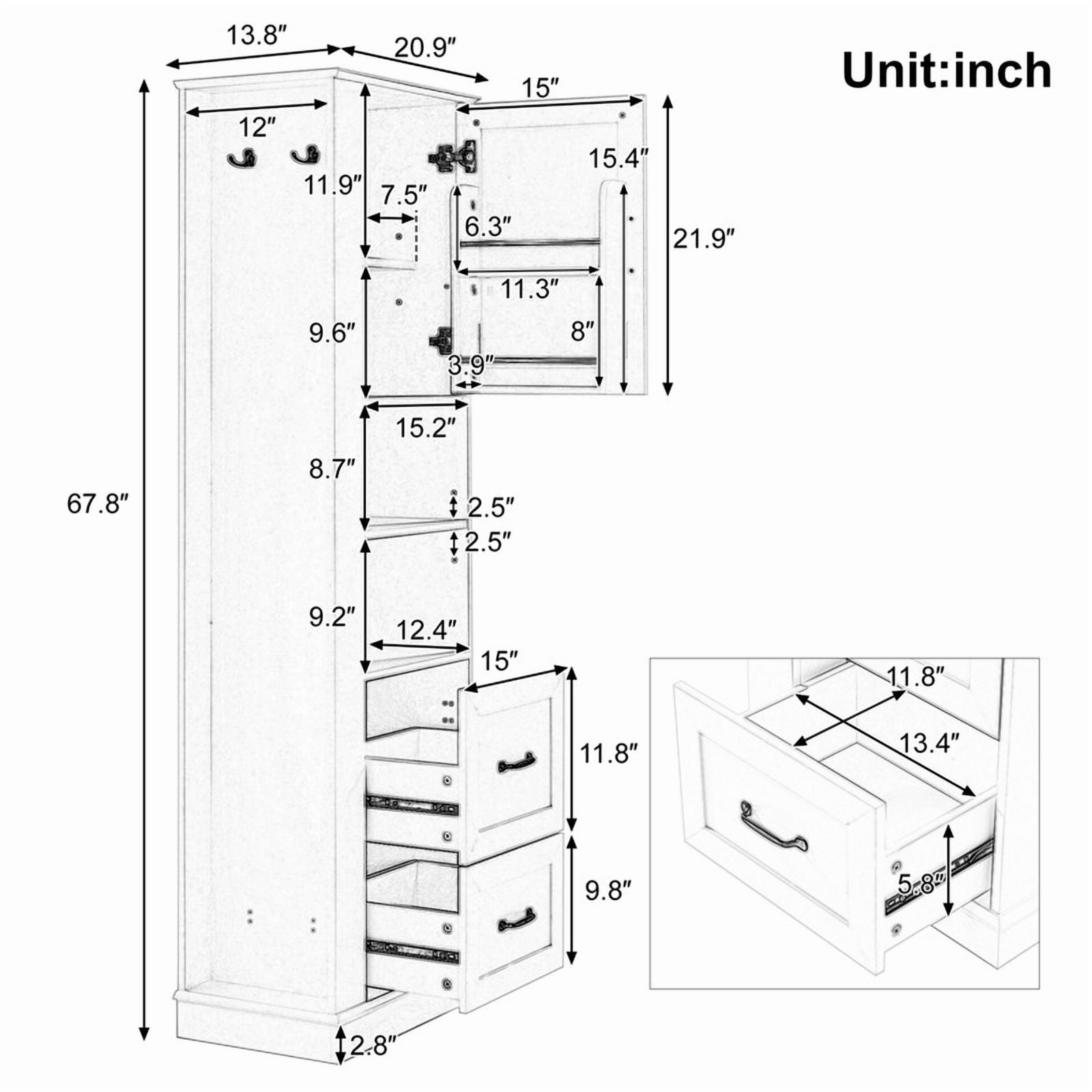 Freestanding Bathroom Storage Cabinet, Pantry Sideboard Storage Cabinet with Side Hooks, Drawers & Adjustable Shelf