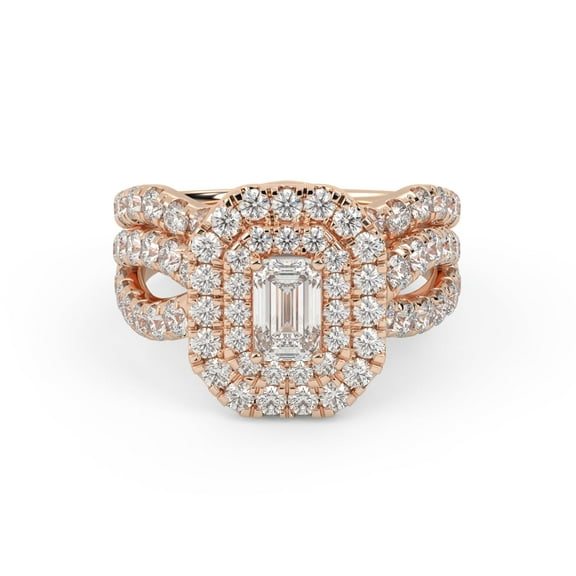 AFFY Twisted Shank Double Halo Bridal Set Ring for Women, Center 6x4mm Emerald and Round Cut Lab Created Moissanite Engagement Wedding Ring in 14K Solid Rose Gold Size-10