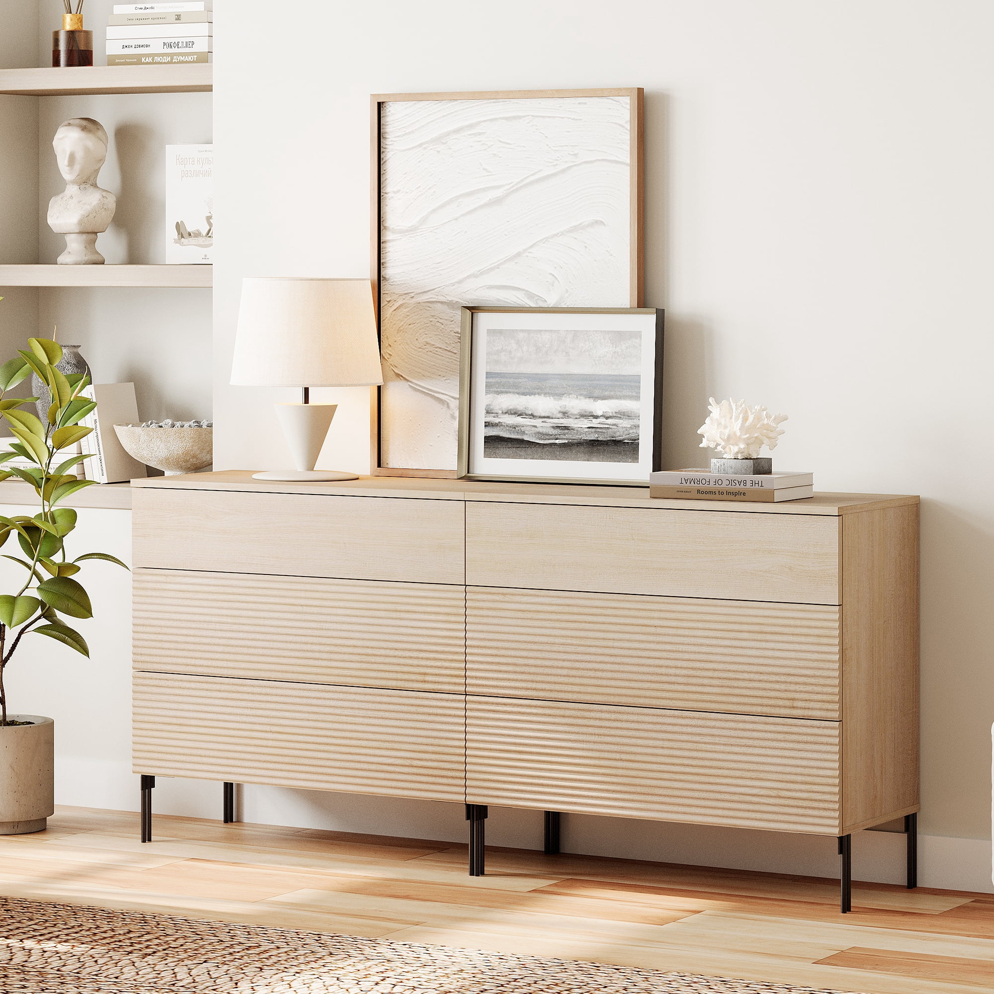 3 Drawer Reeded Dresser for Bedroom Set of 2, Minimalist Modern Chest of Drawers, Wood Storage 6 Drawer Dresser Organizer for Bedroom Living Room Hallway Closet