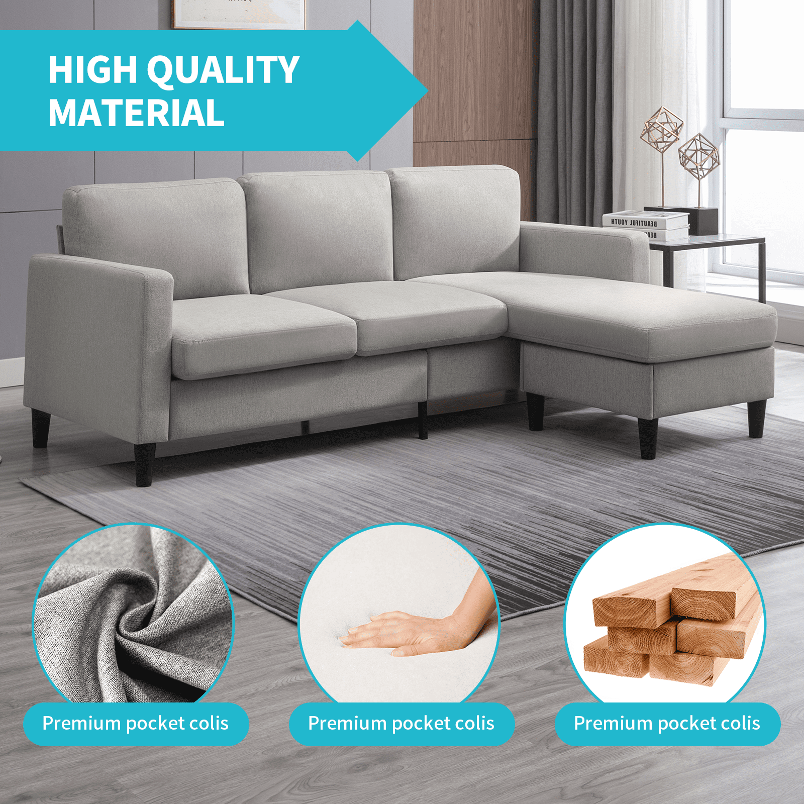Mixoy 76"W  Sectional Sofa with Movable Ottoman, Free Combination Sectional Couch, Small L Shaped Sectional Sofa with Storage Ottoman, Modern Linen Fabric Sofa Set for Living Room (Light Grey)
