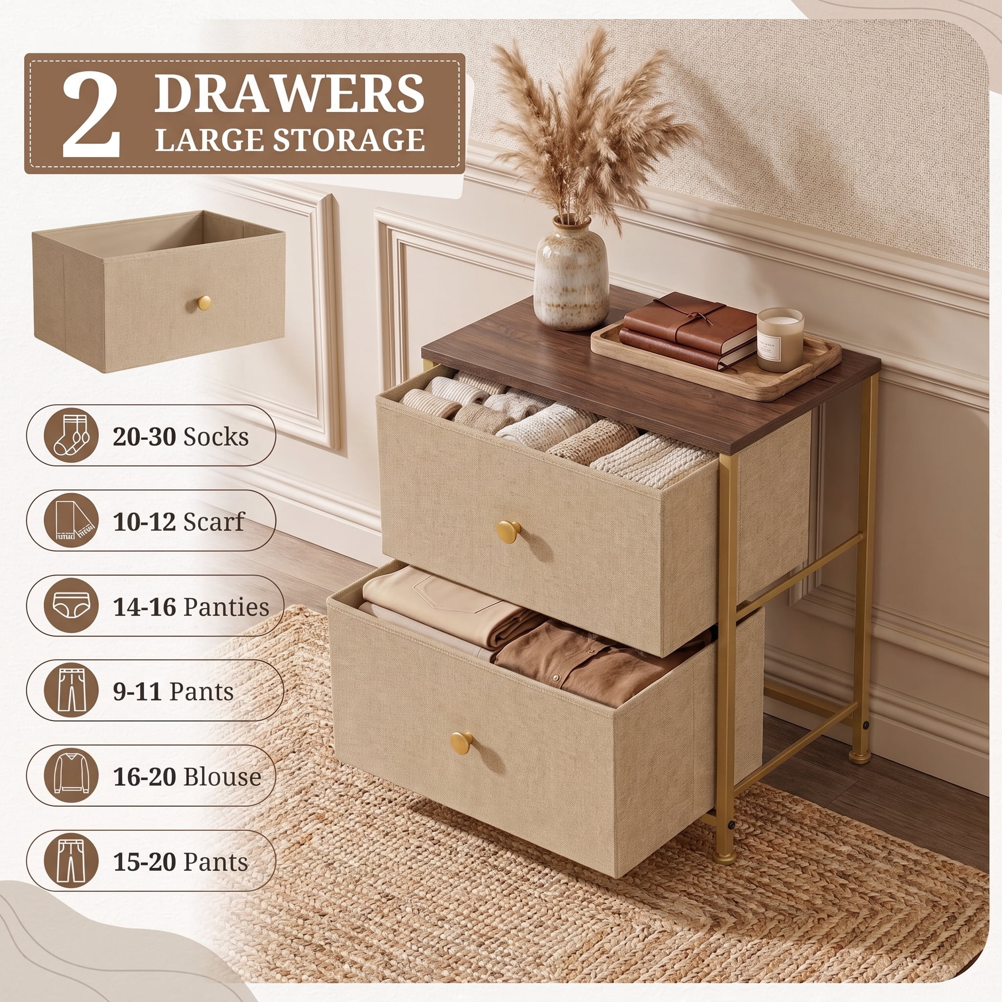 TrumanPick 2-Drawer Fabric Storage Dresser, Fabric Nightstand for Bedroom, Small Dresser for Closet Dorm 11.8"D x 18"W x 20"H, Khaki