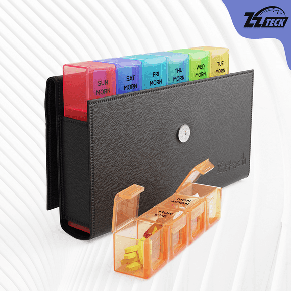 Zzteck Extra Large Pill Organizer 7 Day Weekly XL Travel Box Daily Reminder [9.2″ X 5.8″ X 1.5″] Pills Boxes Medication Container PU Leather 4 Times Pill Case from (Cherry Wood)