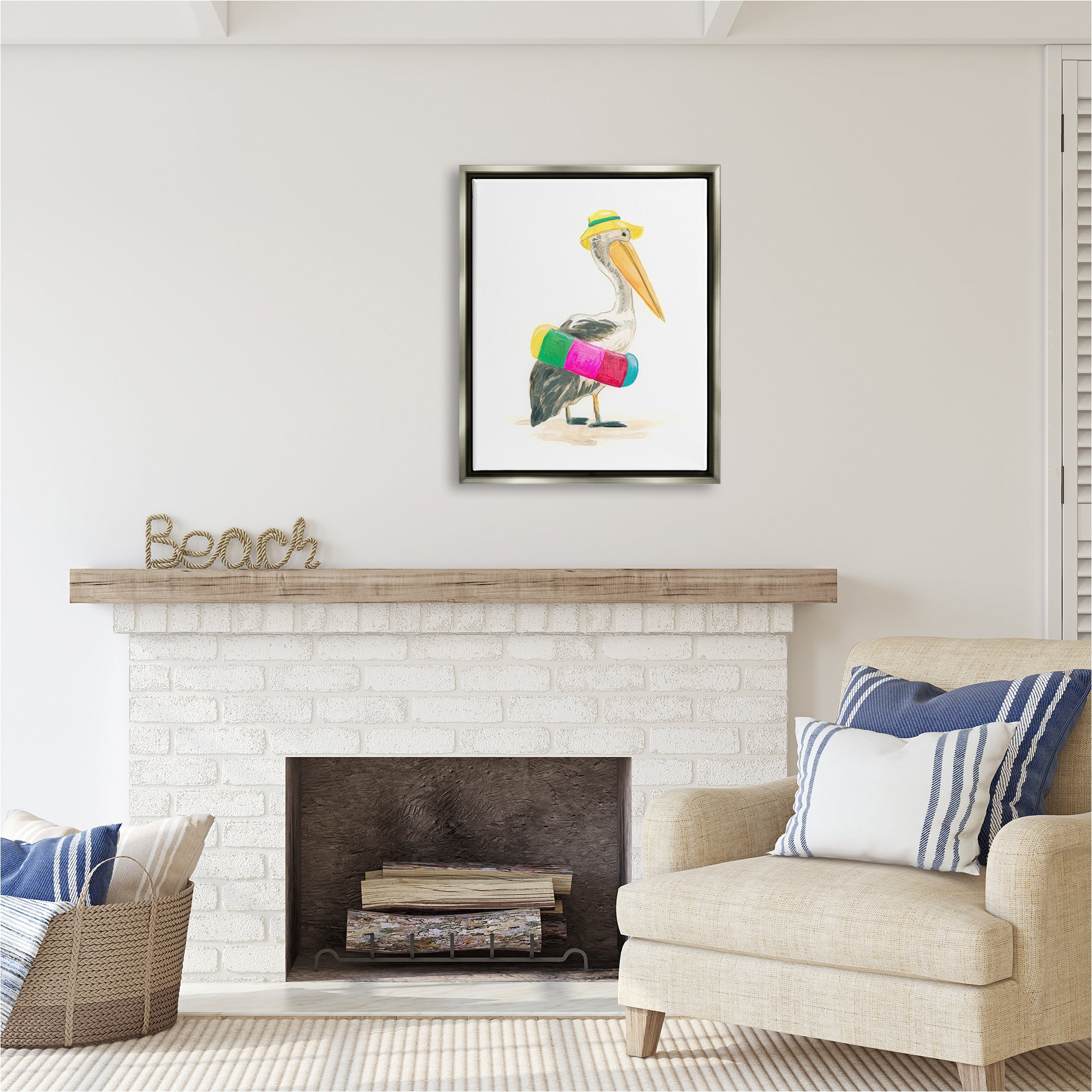 Stupell Industries Pelican & Beach Tube Animals & Insects Painting Gray Floater Framed Canvas Art Print Wall Art, 25 x 31