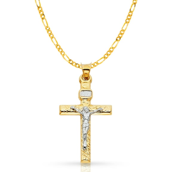 14K Two Tone Gold Crucifix Cross Pendant with 1.9mm Figaro 3 1 Chain Chain Necklace