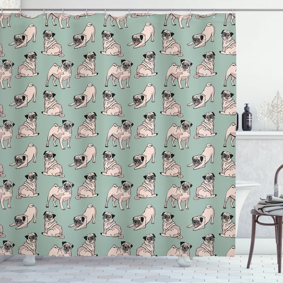 Ambesonne Pug Shower Curtain, Sitting Stretching Dog, 69"Wx75"L, Turquoise