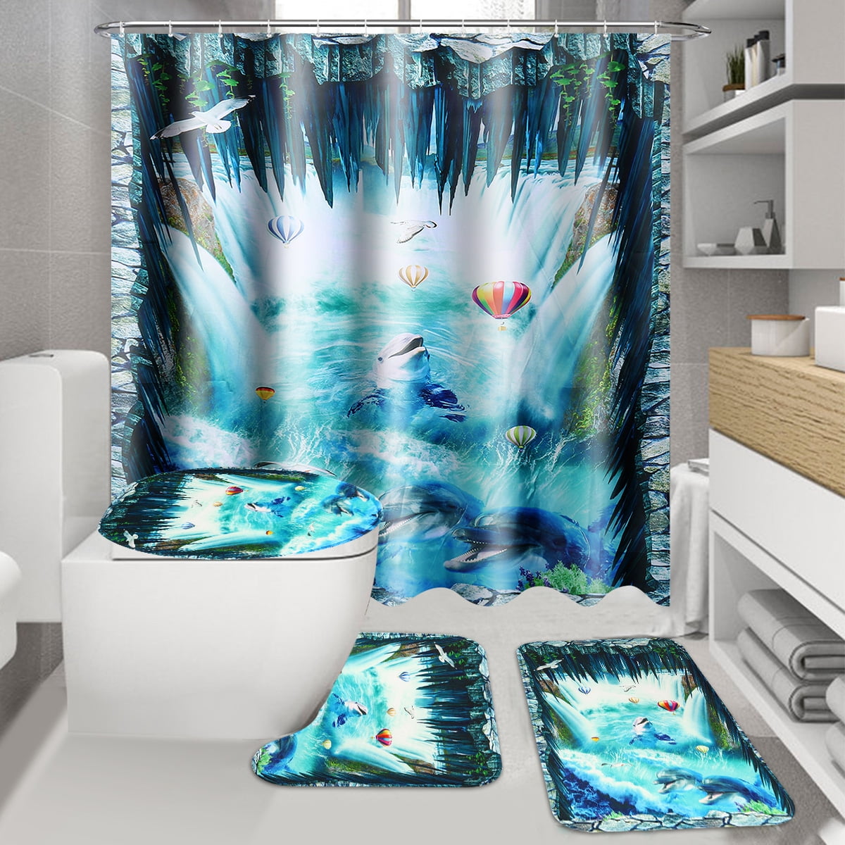 Blue Shower Curtains with Bath Mats Set 4 Pcs Flower Butterfly Bath Decor with Toilet Lid Cover,Non-Slip Rug,Bath Rugs and Floral Waterproof Shower Curtain with Hooks