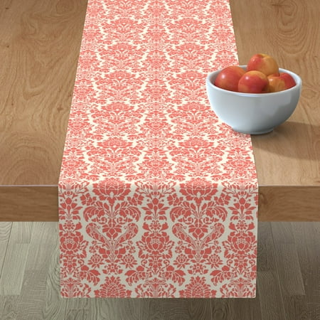 

Cotton Sateen Table Runner 90 - Coral Damask Pink Victorian Inspired Antique Look Feminine Rococo Reef Cosmic Latte Cream Print Custom Table Linens by Spoonflower