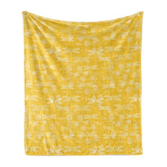 Yellow and White Soft Flannel Fleece Throw Blanket, Outline Style Dragonflies with Dotted Backdrop Ornate Wing Design, Cozy Plush for Indoor and Outdoor Use, 50" x 70", Yellow and White, by Ambesonne