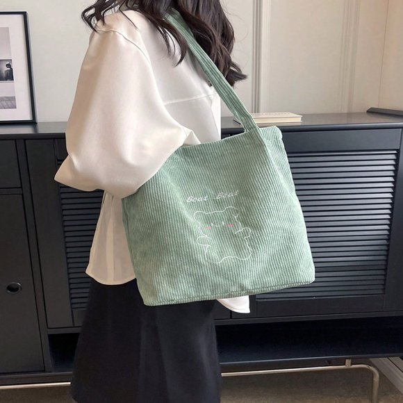 LNGOOR Casual Corduroy Shoulder Bag Letter Patch Decor Tote Bag Lightweight Reusable Shopping Bag Lightweight Business Casual Cartoon Bear Graphic Shoulder Tote Bag For Teen Girls Women