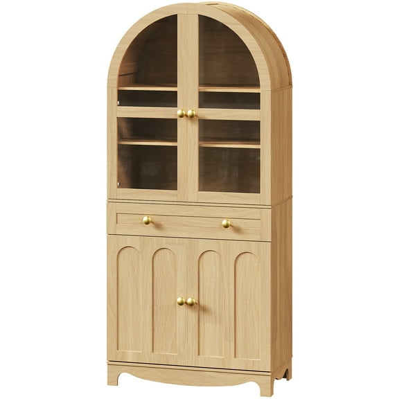 HOOBRO Arched Kitchen Pantry Cabinet, 71" Tall Pantry Cabinet with Drawer, Glass Door and Adjustable Shelves, Farmhouse Kitchen Storage Cabinet, for Living Room, Dining Room, Natural NL63PC01
