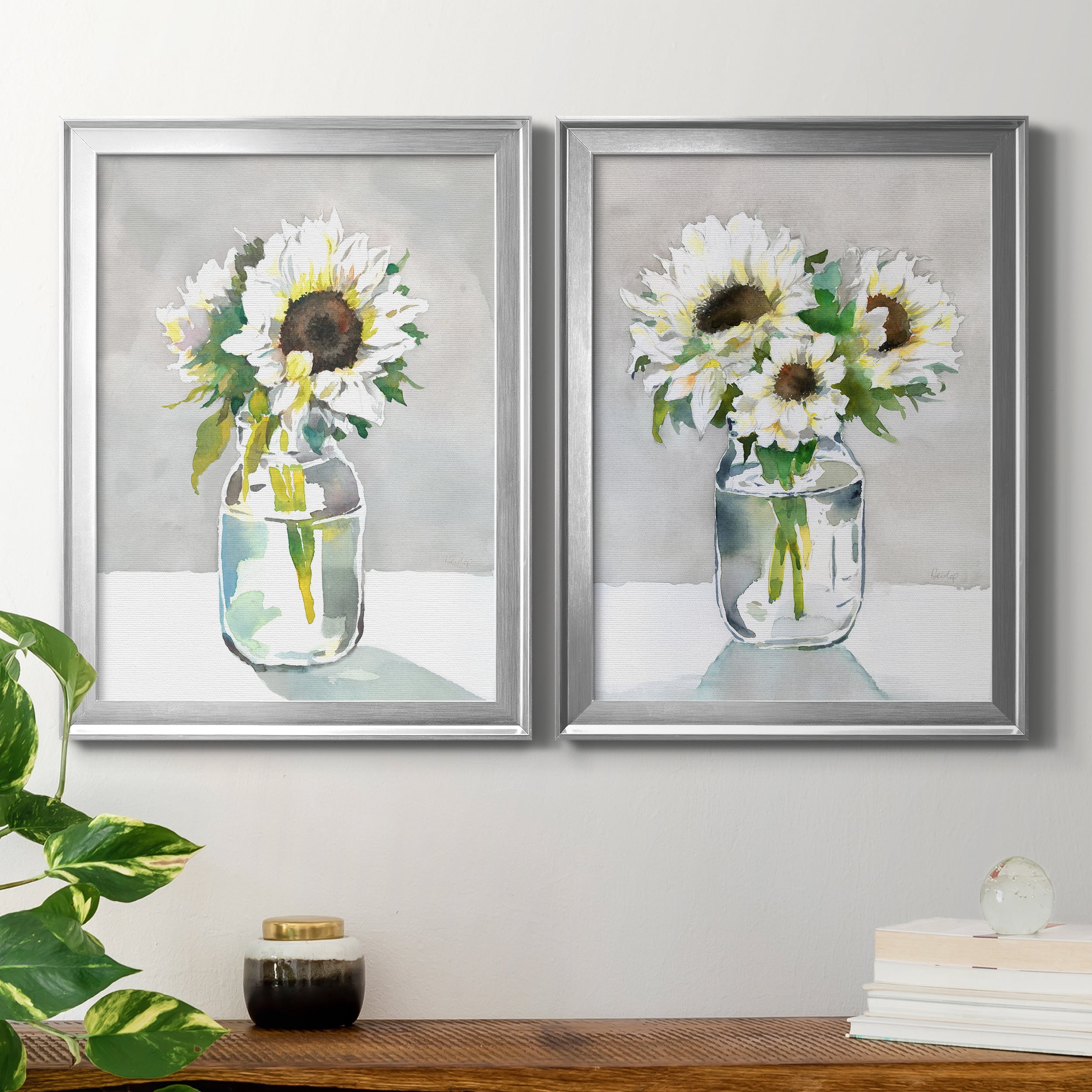 2 Piece Set Sunflower I Premium Framed Canvas - Ready to Hang - 22.5 x 30.5 Each - Silver Frame