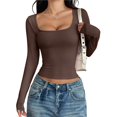 thumbnail image 2 of Camisas de Larga para Mujer, Tops Cortos, Cuello Cuadrado, Camisetas Básicas para Salir, Ropa de Invierno Y2K 2025 Marrón Oscuro S, 2 of 7