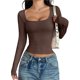 thumbnail image 2 of Camisas de Larga para Mujer, Tops Cortos, Cuello Cuadrado, Camisetas Básicas para Salir, Ropa de Invierno Y2K 2025 Marrón Oscuro S, 2 of 7