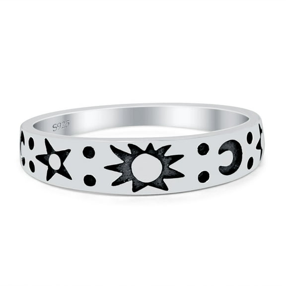 Moon Sun and Stars Band Oxidized Ring Solid 925 Sterling Silver Size 4