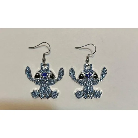Stitch Character Figure Metal French Wire Earrings with Faux Rhinestone Finish