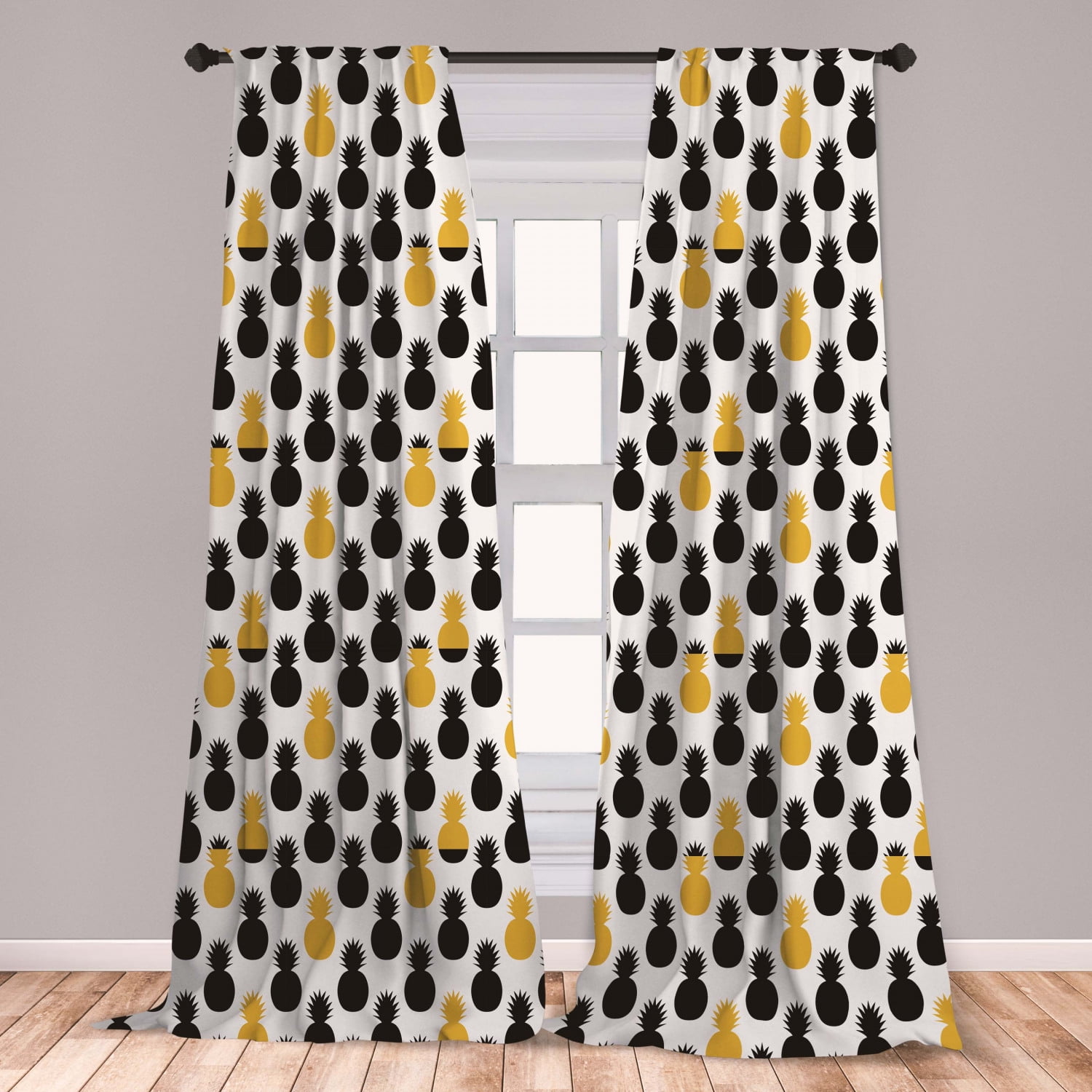 Yellow and Black Curtains 2 Panels Set, Exotic Getaway Themed