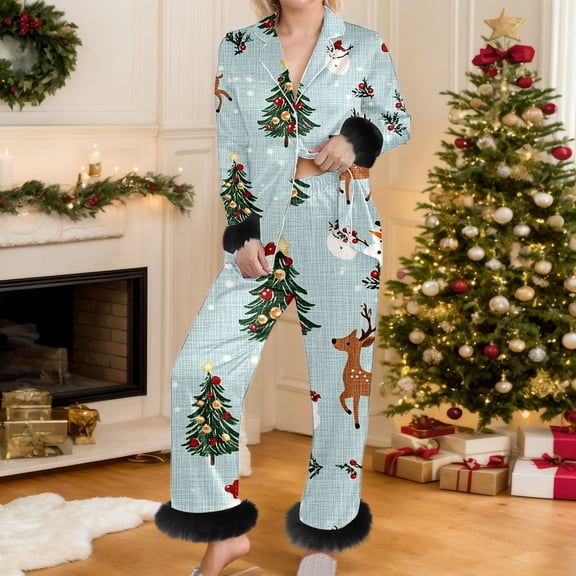 Women Outfits Warm Christmas Print Lapel Long Sleeve Buttoned Top And Pants 2 Piece At Home Wear Women's Clothing Sets Light Blue L