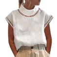 thumbnail image 2 of MORESEC Summer Vacation Women's Cotton Linen High Neck Sleeveless Eyelet Top Casual Blouse Basic Tshirt Fashion Clothes, White 2XL, 2 of 6